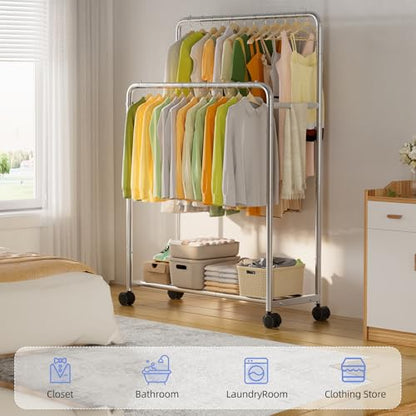 Simple Trending Clothing Clothes Rack, Double Rod Garment Rack, Silver | Portable Closet with Bottom Shelf, Anti-Slip Stoppers, 360° Lockable Wheels, Multiple Uses, Bedroom, Laundry Room - color: Sliver