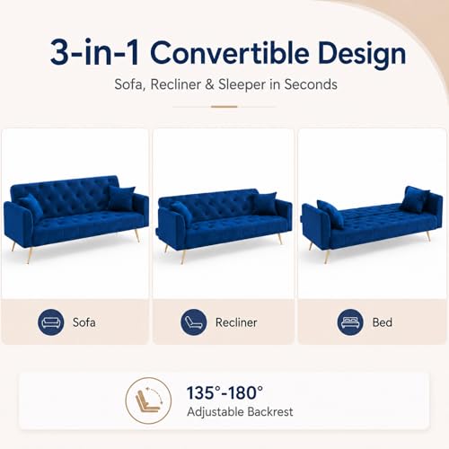 Majnesvon 71" Convertible Folding Sleeper Sofa Couch,Modern Velvet Loveseat Sleeper with 2 Pillows, Futon Sofa Bed with Mattress and Frame for Living Room,Bedroom,Small Space (Blue) - color: Blue