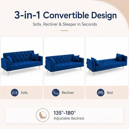 Majnesvon 71" Convertible Folding Sleeper Sofa Couch,Modern Velvet Loveseat Sleeper with 2 Pillows, Futon Sofa Bed with Mattress and Frame for Living Room,Bedroom,Small Space (Blue) - color: Blue