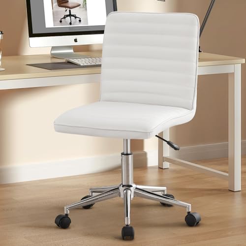 Furnimart Armless Swivel Rolling Desk Chair, Adjustable Faux Leather Vanity Chair with Gold Legs, Cute Task Chair with Wheels for Living Room Bedroom Studying Small Places (PU White) - color: Pu-white