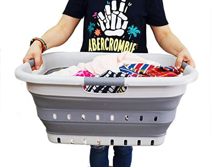 SAMMART 41L Collapsible 3 Handled Plastic Laundry Basket - Foldable Pop Up Storage Container/Organizer - Portable Basket - Space Saving Hamper/Basket (3 handled rectangular, Grey/Dark Grey) - color: Grey/Dark Grey
