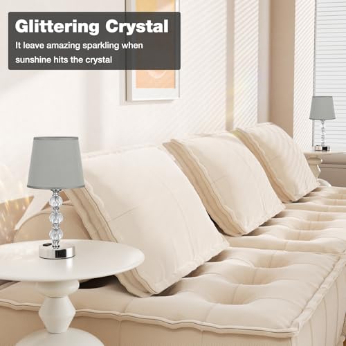 Crystal Table Lamp Set of 2 for Bedroom/Living Room, 14.6in (Gray) | 3 Way Dimmable Touch Control, Bedside Nightstand Light, USB C & A Ports, Metal Base, FREE Bulbs Included, Modern Design