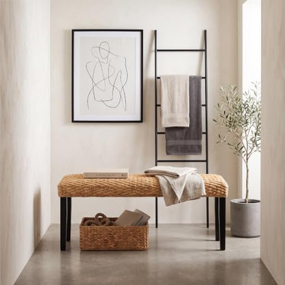 Solid Wood Acacia Indoor Bench, Water Hyacinth Seat, Black Leg, Plait Style | Natural Woven Seat, Boho Entryway, Farmhouse Modern Style, Multi-Room Use - color: Plait - Black Leg & Water Hyacinth