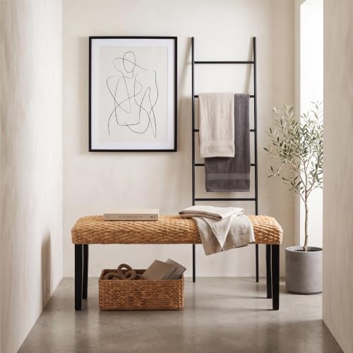Solid Wood Acacia Indoor Bench, Water Hyacinth Seat, Black Leg, Plait Style | Natural Woven Seat, Boho Entryway, Farmhouse Modern Style, Multi-Room Use - color: Plait - Black Leg & Water Hyacinth