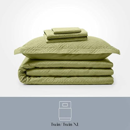 Clara Clark Quilts Twin Size - All Season Bedspread Coverlet Set, Pinsonic Weave Lightweight Bedding Set - 5 Piece Twin Quilt Set with Pillow Shams, Olive Green - Twin Diamond - color: 39 – Olive Green – Diamond, size: Twin
