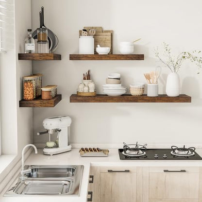Vivelove 12" Deep Floating Shelves 24x12” Set of 2, Rustic Brown | Easy Install With Hardware, 2" Thick, Invisible Brackets, Wall Mounted, No Sagging, For Any Room - color: Rustic Brown, size: 24”wx12”dx2”h
