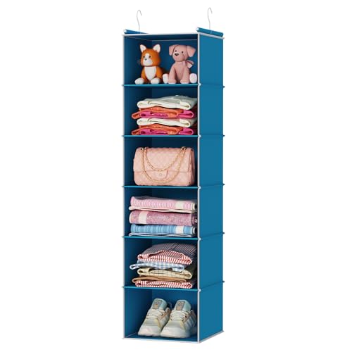 MAX Houser 6 Tier Hanging Closet Organizer with 2 Sturdy Hooks, Blue | Dorm Room Essentials with 2 sturdy hooks, foldable lightweight fabric closet storage, space-saving design for Bedroom - color: Blue