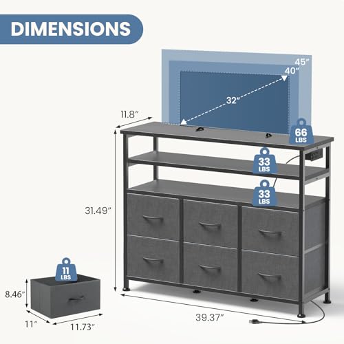 DUMOS LED TV Stand Dresser with Charging Station, Entertainment Center | Media Console for Living Room, App Controlled, 6 Fabric Drawers and 2 Shelves, Grey - color: Grey, size: 39.37"D x 11.8"W x 31.49"H (6 Drawers)