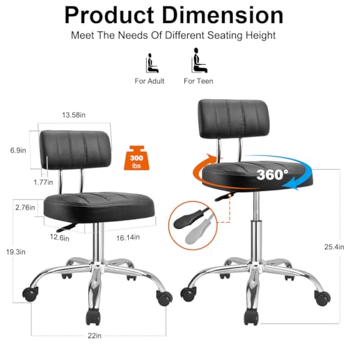 JOSTZHXIN Office Desk Chair with Wheels, Rolling Stool with Backrest Height Adjustable, Swivel Stool with Low Back Lumbar Support, Square PU Leather Swivel Chair with Back
