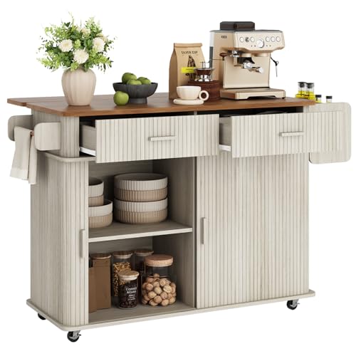 56" Kitchen Island on Wheels with Drop Leaf Countertop, Large Mobile Island Table with 2 Drawers and Spice Rack and Tower Rack, Mid-Century Modern Island Cart w/Storage for Kitchen, Off White - color: Off White