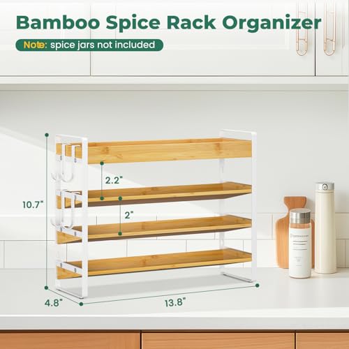 EsLuker.ly Spice Seasoning Rack Organizer Kitchen Countertop, 4 Tier Bamboo | Shelf Holder Storage with 4 Hooks, Wall Mounted Freestanding Stand for Pantry, Quick Spice Access(Jars Not Included), White - color: Bamboo+White