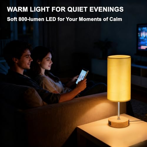 HiBay 17.75" Touch 3-Way Dimmable Bedside Table Lamp with Charging Station | Touch control, 3-way dimming, USB-A USB-C & AC outlet, farmhouse wood-grain adds cozy warmth for living room office desk - color: Wood Grain, size: Set of 1