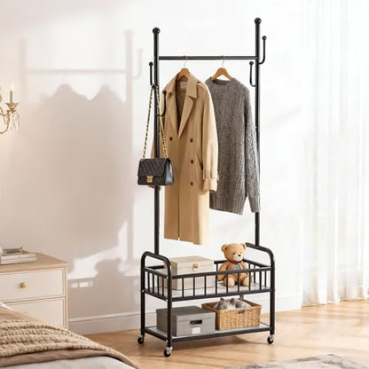 Free Standing Rolling Clothes Rack with Wheels Shoe Storage - Black | Small Narrow Cloth Hanger Garment Rack for Bedroom Livingroom Lab Dress Shirt Rack with Metal Basket and Shoe Storage Shelves - color: Black-2 Tier