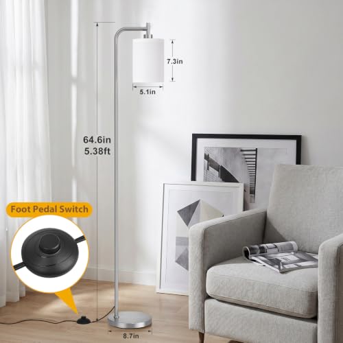Ziisee 64" Floor Lamp for Living Room with Remote Control, White Shade with Brushed Nickel Pole, Dimmable Tall Lamps for Bedroom Office Corner, 9W LED Bulb Included - color: Brushed Nickel