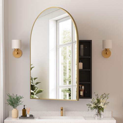 Medicine Cabinets for Bathroom, Gold Arched Medicine Cabinet Recessed or Surface Wall-Mounted,Modern Bathroom Vanity Mirror with Storage, Mirrored Cabinet with Adjustable Shelves,24x36 Inch - color: Gold, size: 24*36inch