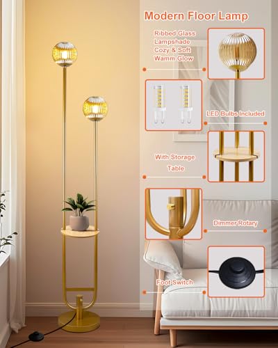 Lightdot Glass Floor Lamp with Tray Mid Century Modern Standing Lamps 3000K Warm White Bulbs Included Gold Dimmable Globe Floor Lamp with 5Lbs Heavy Base for Living Room/Wedding/Party//Sofa Beside - color: 2 Brown Globe-Gold