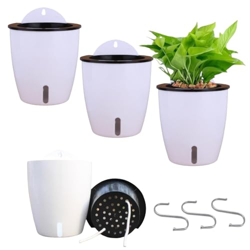 Visible Water Level Self Watering Planter,Hanging Planters,Wall Mounted Plants Holder,Small Flower pots Indoor Out Flowerpot with 3 Hooks Plastic Pots for Plants 3 Pack (White, 5.5inch) - size: 5.5 Inch