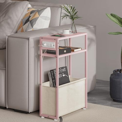 Leomonio Pink Side Table with Charging Station, Slim End Tables with Linen Basket, Skinny Table for Small Spaces, Thin Bedside Table for Living Room, Bedroom - color: Jelly Pink + Cream White - Outlet