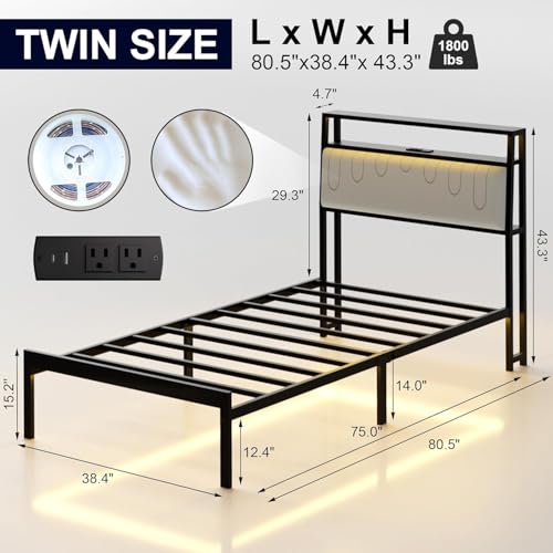 J.Fkne Twin Bed Frames with LED Lights & Charging Station, Metal Platform Frame with Upholstered Headboard, No Box Spring Needed, Noise Free, Easy Assembly - size: Twin, style: Minimalist