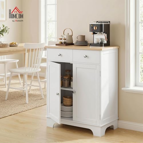 HOMCOM Sideboard Buffet Cabinet Solid Wood Countertop White | Modern Kitchen Storage, Coffee Bar Cabinet, 2 Drawers, Doors, Adjustable Shelf - color: White, size: 26.75" x 15.75" x 33.5"