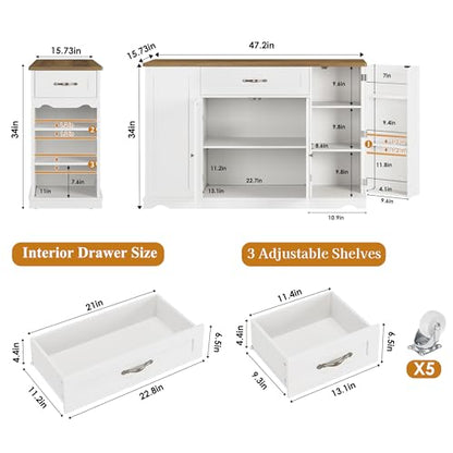 HOSTACK 47" W Kitchen Island Cart with Storage, Rolling Island Table, White | Mobile Kitchen Storage Islands on Wheels with 2 Drawers, Adjustable Shelves, Movable Buffet Cabinet for Dining room - style: White + Rustic Brown
