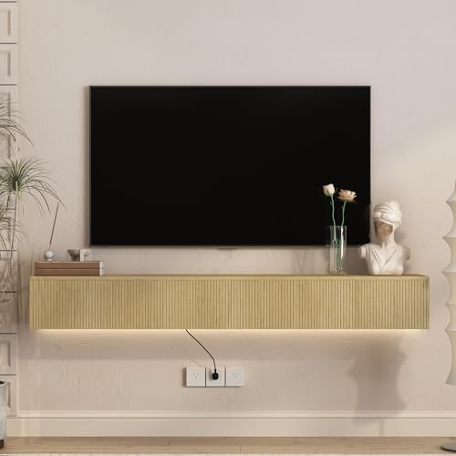 Floating TV Stand Wall Mounted with Led Lights, 69" Modern Floating Entertainment Center, Large Storage Media Console Wall Unit for Living Room Bedroom, Natural - color: Natural, size: 69" W x 9.17" H