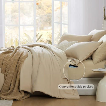 Twin XL Comforter Set- 5 Pieces Beige, All Season Twin XL Bedding Sets with 1 Fitted Sheet, 1 Flat Sheet, 1 Pillow Sham and 1 Pillowcase - color: Beige, size: Twin XL(66"x90")