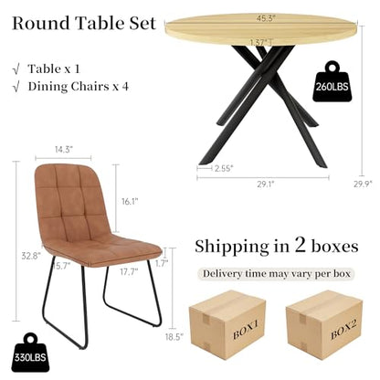HIPIHOM 45.3 Inch Round Dining Table Set for 4, Mid Century Modern Small Kitchen Coffee Set for Dining Room Kitchen Apartment (Cream Table + 4 U-Shaped Brown Chairs) - color: Cream Table+4 U-shaped Brown Chairs