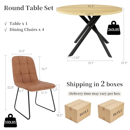 HIPIHOM 45.3 Inch Round Dining Table Set for 4, Mid Century Modern Small Kitchen Coffee Set for Dining Room Kitchen Apartment (Cream Table + 4 U-Shaped Brown Chairs) - color: Cream Table+4 U-shaped Brown Chairs