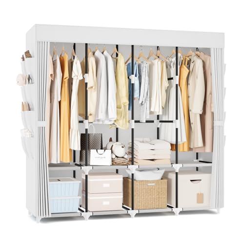Portable Closet for Hanging Clothes, 67 Inch Wide Portable Wardrobe Closet with Cover, 4 Hanging Rod, Storage Shelves and Side Pockets, Large Free Standing Closet for Bedroom, White - color: White, size: 4 Row - 67'' Wide