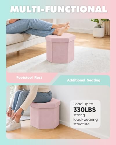 B FSOBEIIALEO Storage Ottoman Cube Hexagonal Pouf Ottomans, Foot Rest Seat for Sofa Footrest Entryway Shoe Footstool for Living Room/Bedroom/Entrway Velvet Pink 16.93"x15"x15" - color: Pink