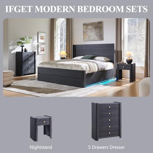 IFGET Modern 5 Drawer Dresser for Bedroom, Wooden Chest of Drawers with Curved Profile Design, 39.6" Tall Wood Dresser with Golden Metal Handle for Bedroom, Living Room, Hallway, Dark Grey