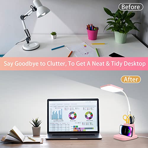 LED Desk Lamp with 10W Wireless Charging & Pen Holder, Pink | CRI 95, 800LM, Stepless Dimming, 3 Modes, 360°Flexible Arm, Touch, Study Table Lamp for Home Office, Dorm Room, with Adapter - color: Pink