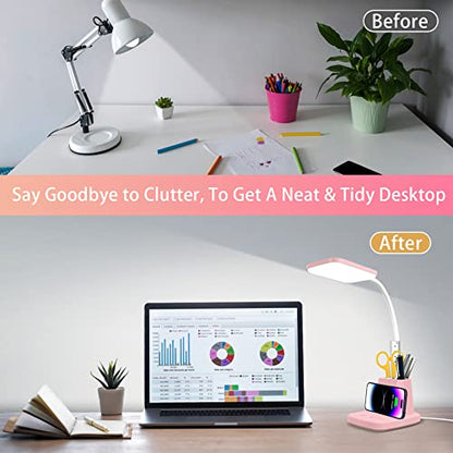 LED Desk Lamp with 10W Wireless Charging & Pen Holder, Pink | CRI 95, 800LM, Stepless Dimming, 3 Modes, 360°Flexible Arm, Touch, Study Table Lamp for Home Office, Dorm Room, with Adapter - color: Pink