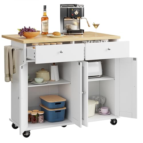 Shintenchi Kitchen Island with Drop Leaf, Rolling Kitchen Cart with Storage on Wheels, Table Bar Cart for Kitchen with Towel Rack & Seating Area for Dining Room, White - color: White