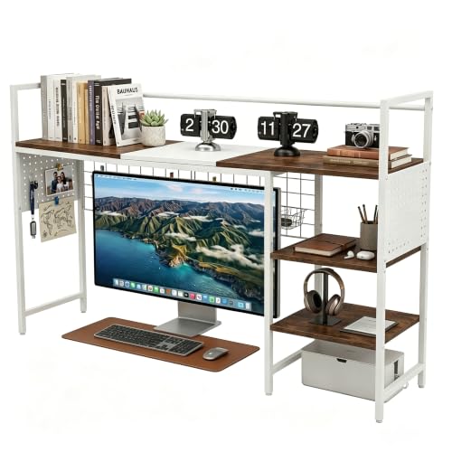 Desk Shelf Organizer with Pegboard & Hooks, Desk Hutch for Computer Monitor, Multi-Tier Wood Desktop Bookshelf Display Rack for Home Office Dorm Room (Simple White, 50.39‘’) - color: Simple White, size: 50.39‘’