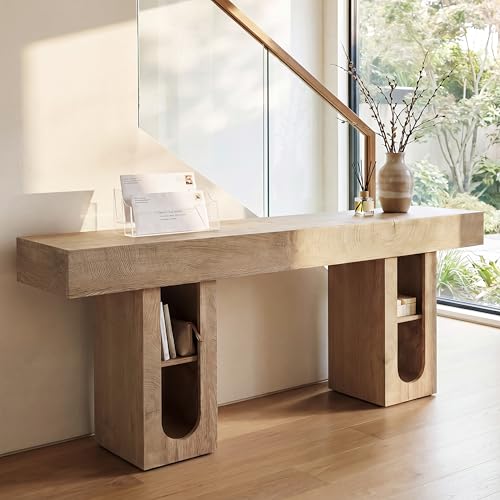 Console Table, Entryway Table, Sofa Table with Outlet, 63 Inch High Density MDF Hallway Table, 5.9 Inch Thick Tabletop, Storage Shelves for Living Room Behind Couch - color: Natural