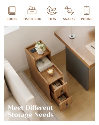 Narrow Nightstand Set of 2 with Charging Station for Small Bedroom | Open Shelf and 2 Drawers, For Small Space, Living Room, Bedroom or Sofa Side Use, Wood Grain Look, Raised Tray Top