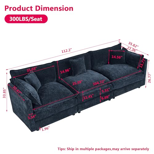 Aoowow Modular Sectional Sofa,112.2 Inch Deep 3-Seater Sofas Comfy Chenille Cloud Sofas and Couches with Pillows for Living Room Apartment（Blue） - color: Blue, size: 3 Seat
