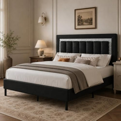 HOMBCK Queen Bed Frame with Headboard, Bed Frame Queen Size with Diamond Vertical Design,Platform Bed Frame with Faux Leather Upholstered,Wooden Slats - No Box Spring Needed, Black - color: Black, size: Queen