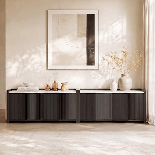 BELLEZE Set of 2 Sideboard Buffet Cabinet, 132'' Modern Credenza with Storage Adjustable Shelf, Fluted Console Table with Faux Marble Panel for Kitchen, Dining Room, Entryway - Ebony - color: 66 Inch Ebony, size: 2