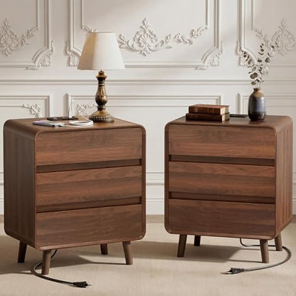 Nasonet 27.7'' Tall Night Stands Set of 2 with Charging Station, Mid-Century Modern Large Bedside Table with Outlets, Wide Wood End Table for Bedroom, Walnut - color: Walnut, size: 3 Drawers