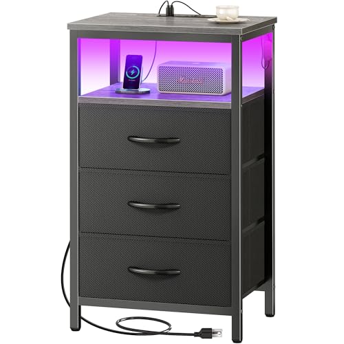 Huuger Night Stand with Charger Station and LED Lights, 3 Drawer Nightstand | Bed Side Table with Open ShelfEnd TableTall Fabric Dresser for Bedroom, Grey - color: Grey, size: 11.8"D x 15.7"W x 27.6"H（3 Drawers）