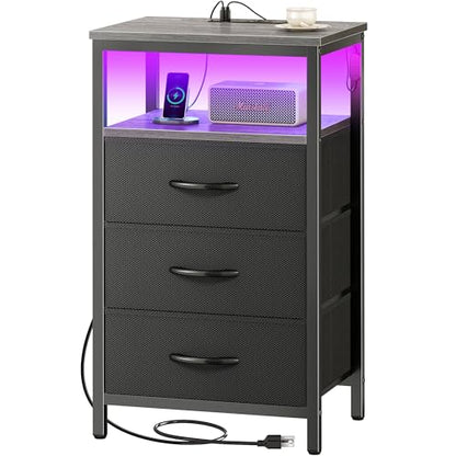 Huuger Night Stand with Charger Station and LED Lights, 3 Drawer Nightstand | Bed Side Table with Open ShelfEnd TableTall Fabric Dresser for Bedroom, Grey - color: Grey, size: 11.8"D x 15.7"W x 27.6"H（3 Drawers）