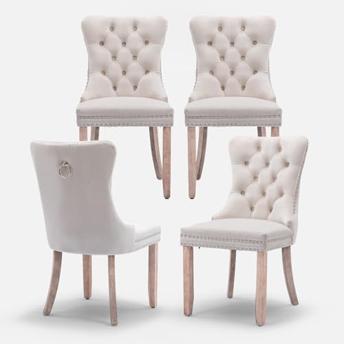 Velvet Upholstered Dining Chairs Set of 4, Modern Style Kitchen Side Chairs with Nailhead Trim and Wood Legs, Metal Pulling Ring for Dining Room Living Room, Beige - color: Beige, size: Set of 4