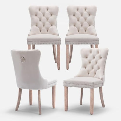 Velvet Upholstered Dining Chairs Set of 4, Modern Style Kitchen Side Chairs with Nailhead Trim and Wood Legs, Metal Pulling Ring for Dining Room Living Room, Beige - color: Beige, size: Set of 4