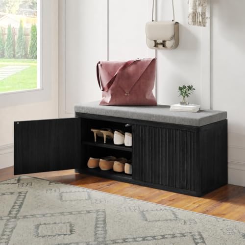 Shoe Cabinet Bench with Cushion,Double Layered Wooden Shoe Bench with Soft Cushion,Shoe Rack for Entryway,Bedroom,Living Room (Black Sturdy Shoe Storage Bench) - color: 2 Door Black Sturdy Shoe Storage Bench