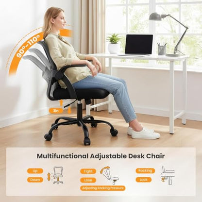 Sweetcrispy Computer Desk Chair, Home Office Chair, Lumbar Support, Black | Flip Up Armrest, Adjustable Height, 360° Swivel Wheels, Ergonomic Mesh Mid-Back, Comfy Arms Bedroom Study - color: Black, size: 18.31"D&Flip-up Arms