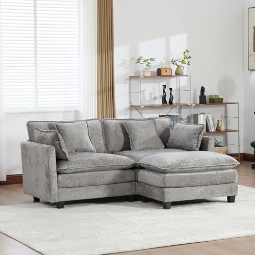 76.7” Oversized Gray Loveseat Sofa, 2 Seater Large Sectional Couches for Living Room, Chenille Fabric Modular Sectional Sofa with 1 Ottoman, Deep Seat Home Sofas Set - color: Grey, size: 2 Seater + 1 Ottoman