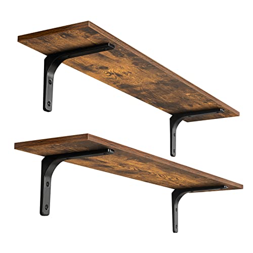 Long Wall Shelves, 39.4Inch Wooden Wall Mounted Shelves, Set of 2 | Large Floating Book Shelf, Metal Brackets, Easy Assembly, Max Load 33lbs, Wall Storage Ledges, Bedroom/Bathroom, Rustic Brown - color: Rustic Brown, size: 39.4 Inch